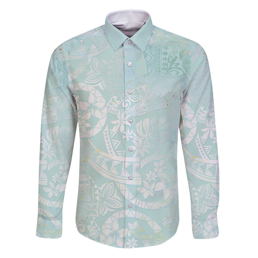 Polynesian Tiare Monstera Seafoam Green Family Matching Puletasi and Hawaiian Shirt Liquid Style - Polynesian Pride