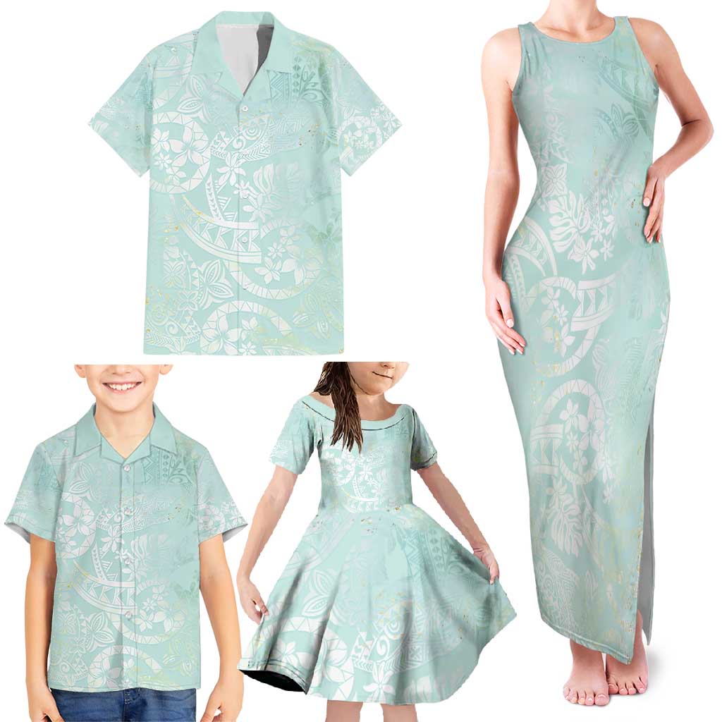 Polynesian Tiare Monstera Seafoam Green Family Matching Tank Maxi Dress and Hawaiian Shirt Liquid Style - Polynesian Pride