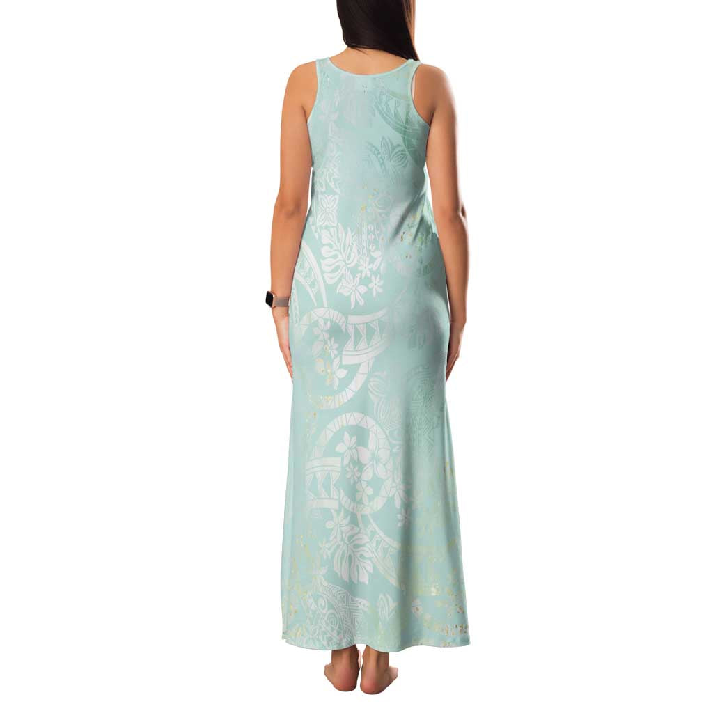 Polynesian Tiare Monstera Seafoam Green Family Matching Tank Maxi Dress and Hawaiian Shirt Liquid Style - Polynesian Pride