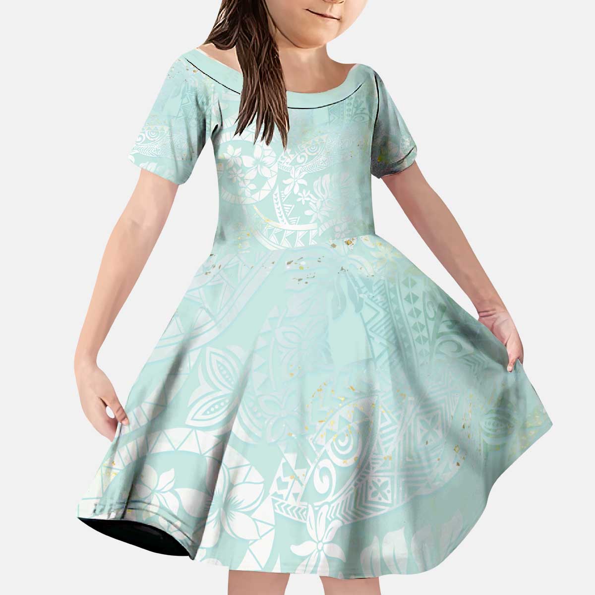 Polynesian Tiare Monstera Seafoam Green Kid Short Sleeve Dress Liquid Style LT01 KID Green - Polynesian Pride