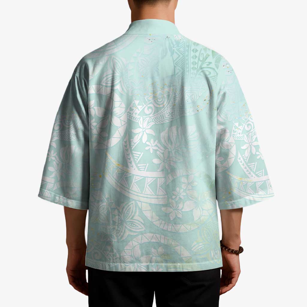 Polynesian Tiare Monstera Seafoam Green Kimono Liquid Style - Polynesian Pride