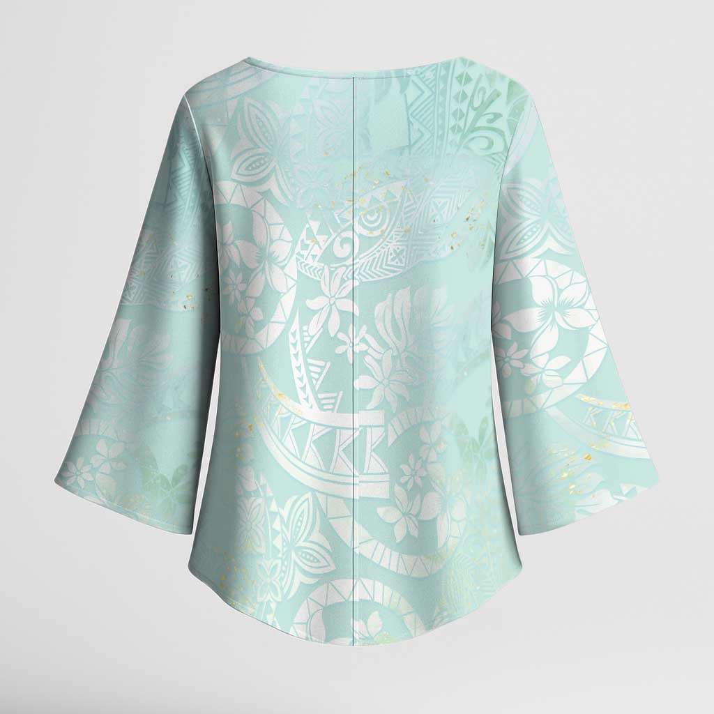 Polynesian Tiare Monstera Seafoam Green Kimono Sleeve Blouse Liquid Style - Polynesian Pride