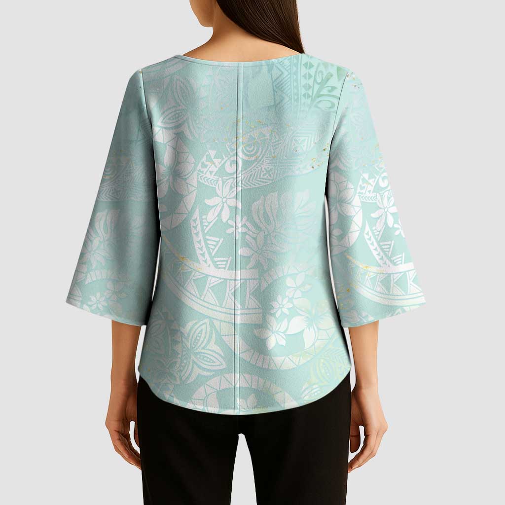 Polynesian Tiare Monstera Seafoam Green Kimono Sleeve Blouse Liquid Style - Polynesian Pride