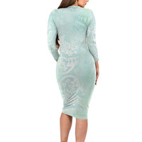 Polynesian Tiare Monstera Seafoam Green Long Sleeve Bodycon Dress Liquid Style - Polynesian Pride