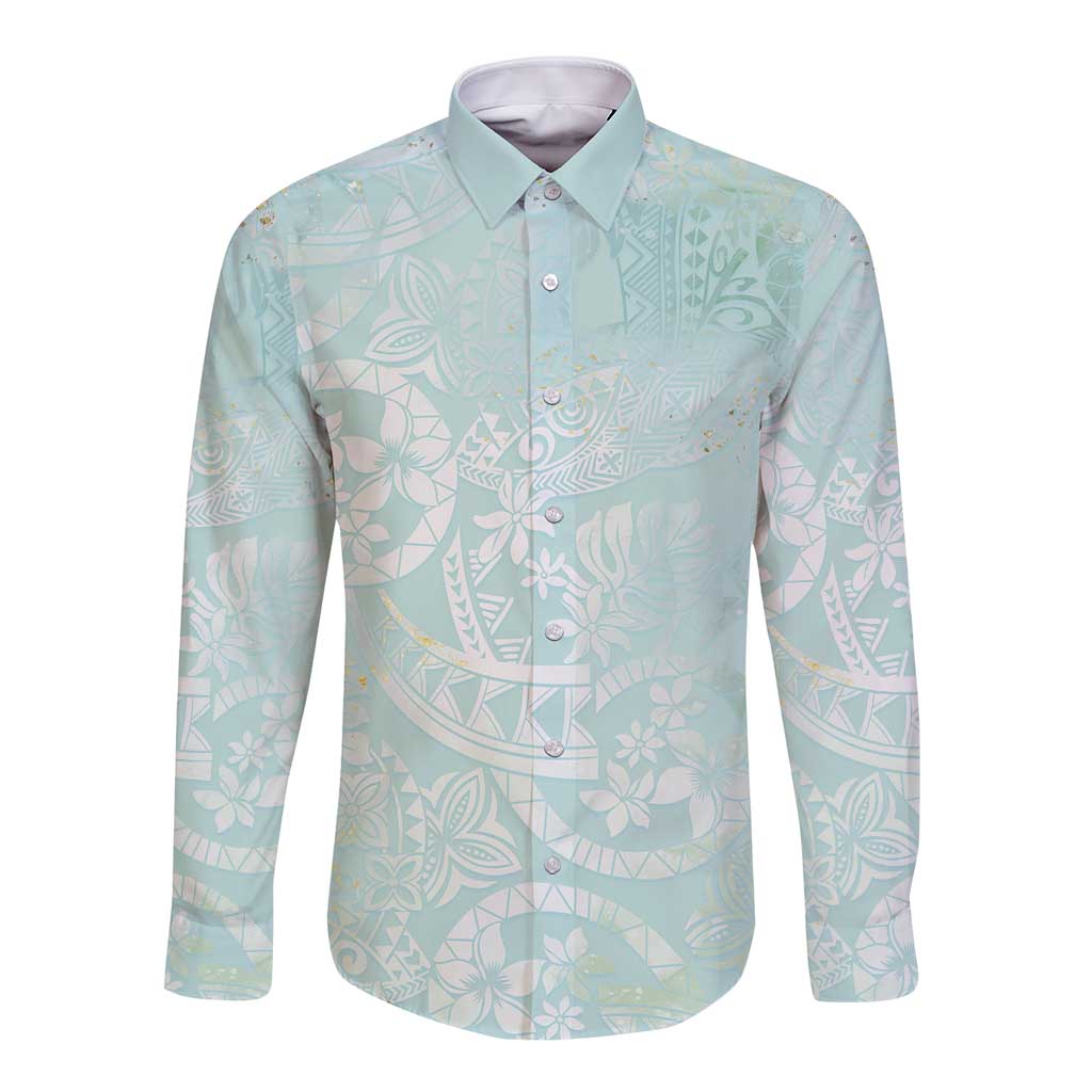 Polynesian Tiare Monstera Seafoam Green Long Sleeve Button Shirt Liquid Style - Polynesian Pride