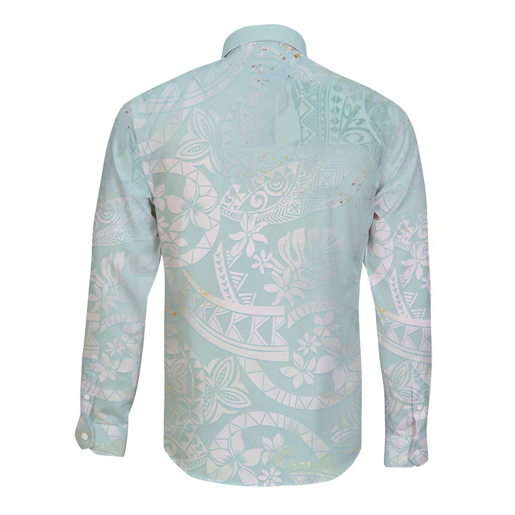 Polynesian Tiare Monstera Seafoam Green Long Sleeve Button Shirt Liquid Style - Polynesian Pride