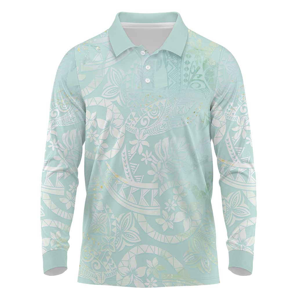 Polynesian Tiare Monstera Seafoam Green Long Sleeve Polo Shirt Liquid Style - Polynesian Pride