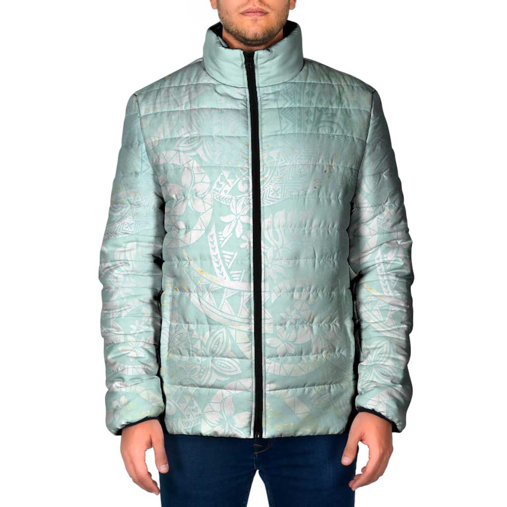 Polynesian Tiare Monstera Seafoam Green Padded Jacket Liquid Style - Polynesian Pride