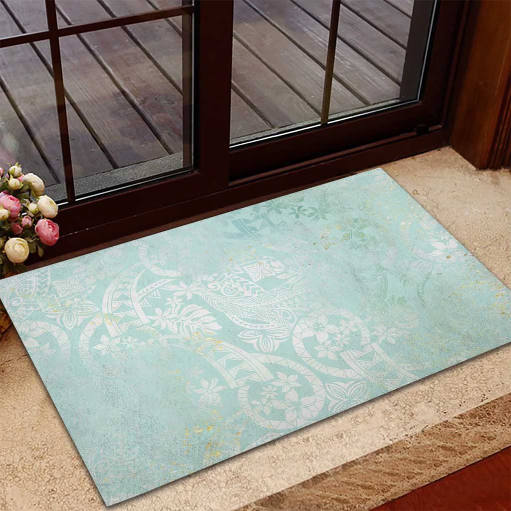 Polynesian Tiare Monstera Seafoam Green Rubber Doormat Liquid Style - Polynesian Pride