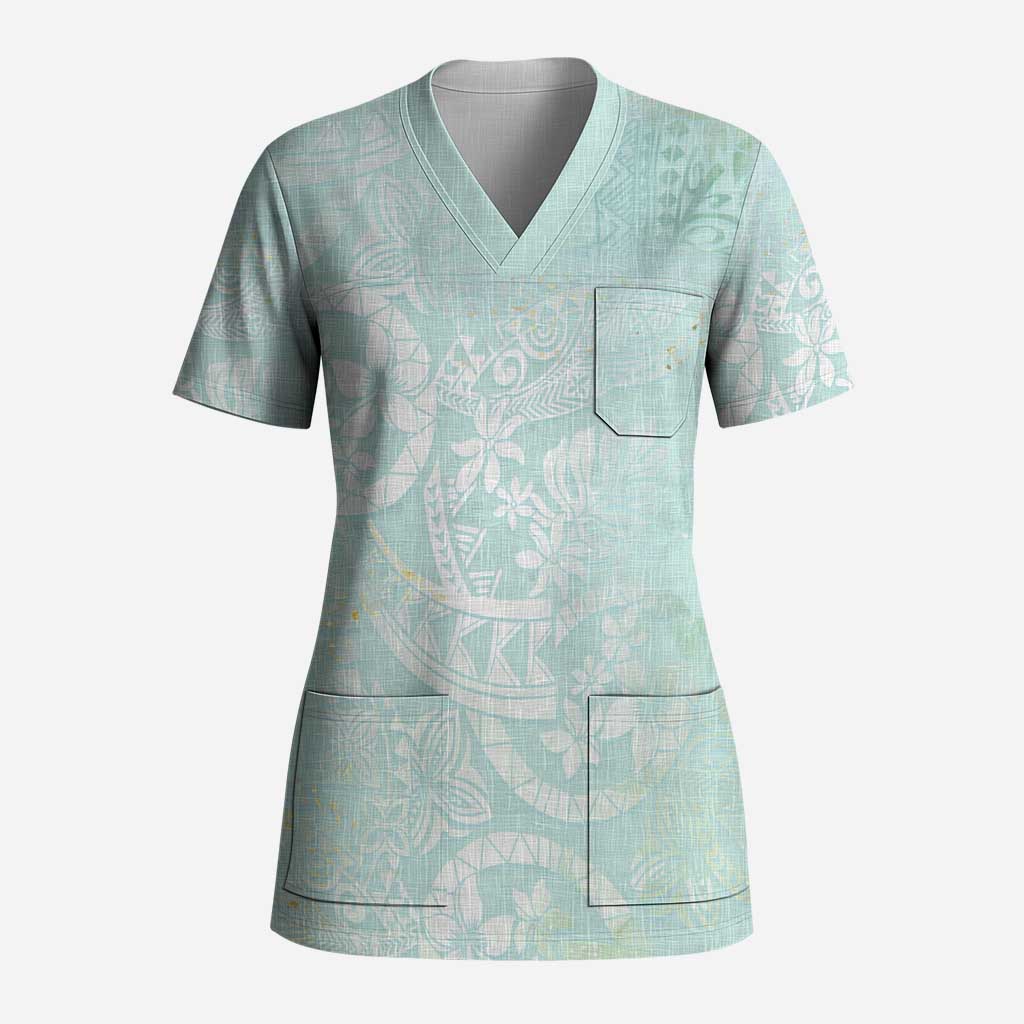 Polynesian Tiare Monstera Seafoam Green Scrub Top Liquid Style - Polynesian Pride