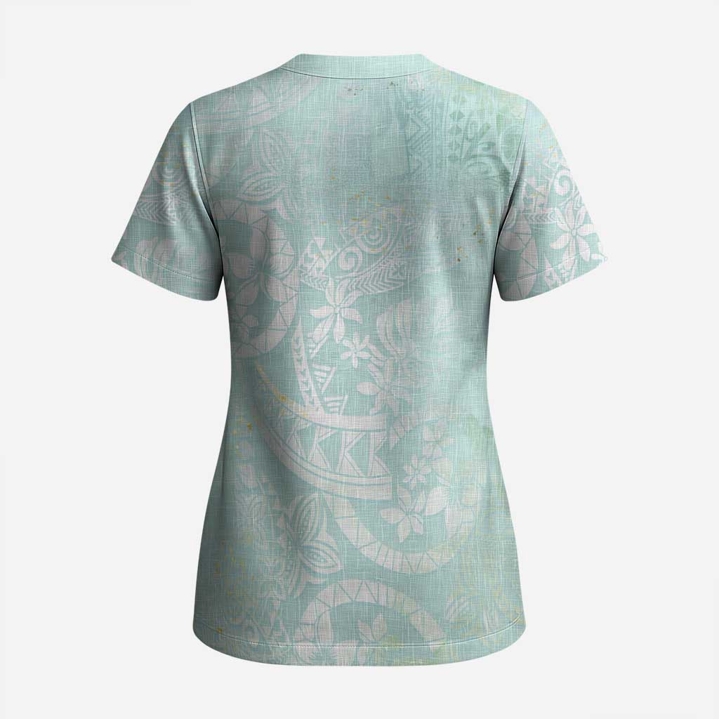 Polynesian Tiare Monstera Seafoam Green Scrub Top Liquid Style - Polynesian Pride
