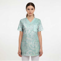 Polynesian Tiare Monstera Seafoam Green Scrub Top Liquid Style - Polynesian Pride