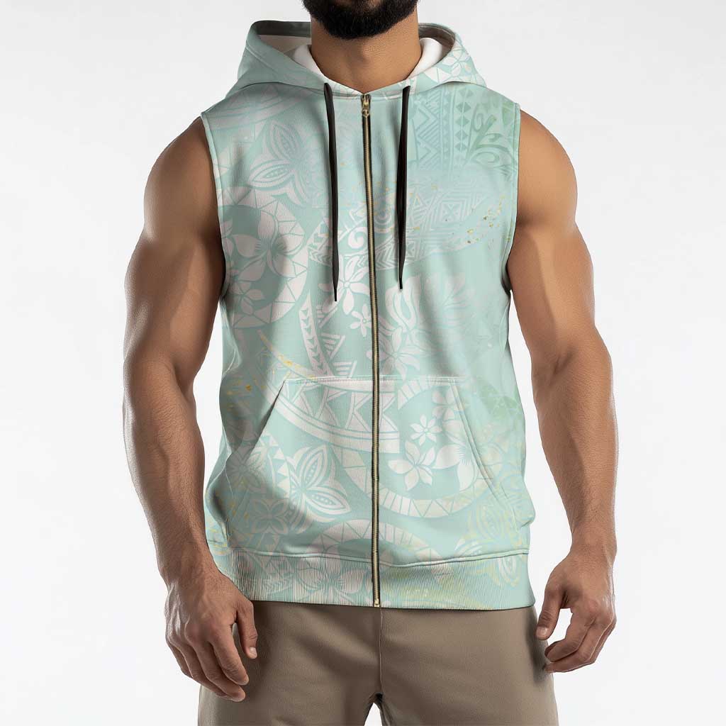 Polynesian Tiare Monstera Seafoam Green Sleeveless Zip Hoodie Liquid Style - Polynesian Pride