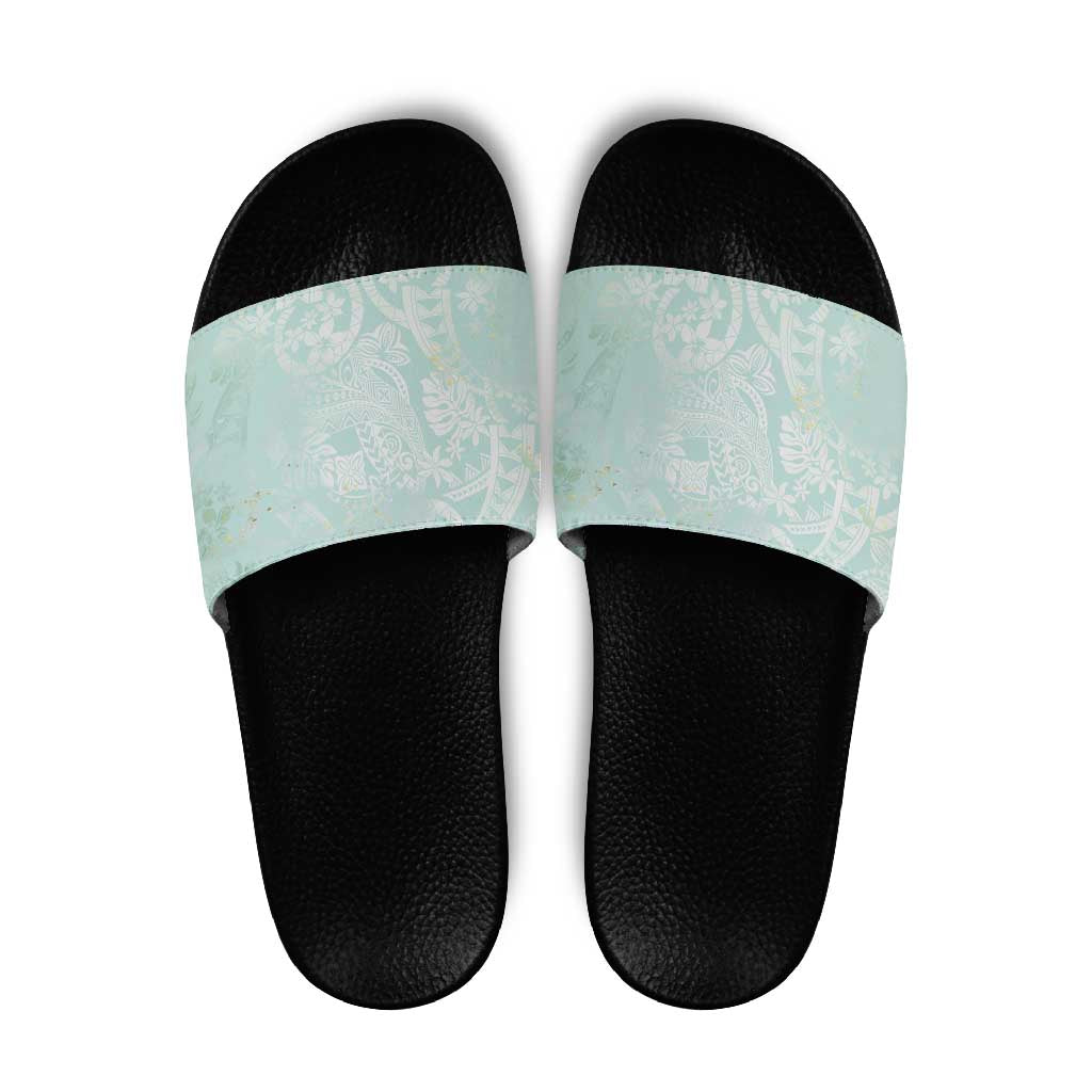 Polynesian Tiare Monstera Seafoam Green Slide Sandals Liquid Style - Polynesian Pride