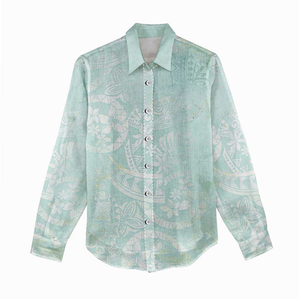 Polynesian Tiare Monstera Seafoam Green Women Casual Shirt Liquid Style - Polynesian Pride