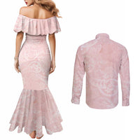 Polynesian Tiare Monstera Soft Pink Couples Matching Mermaid Dress and Long Sleeve Button Shirt Liquid Style - Polynesian Pride