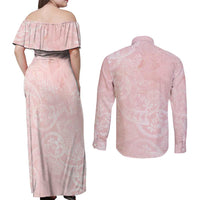 Polynesian Tiare Monstera Soft Pink Couples Matching Off Shoulder Maxi Dress and Long Sleeve Button Shirt Liquid Style - Polynesian Pride