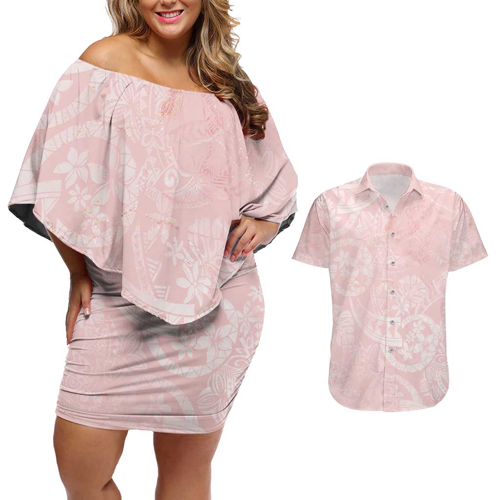 Polynesian Tiare Monstera Soft Pink Couples Matching Off Shoulder Short Dress and Hawaiian Shirt Liquid Style - Polynesian Pride