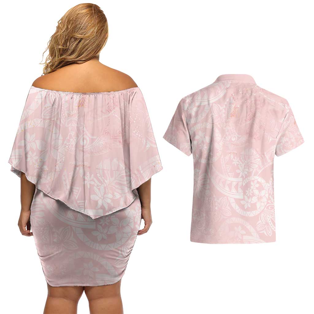 Polynesian Tiare Monstera Soft Pink Couples Matching Off Shoulder Short Dress and Hawaiian Shirt Liquid Style - Polynesian Pride