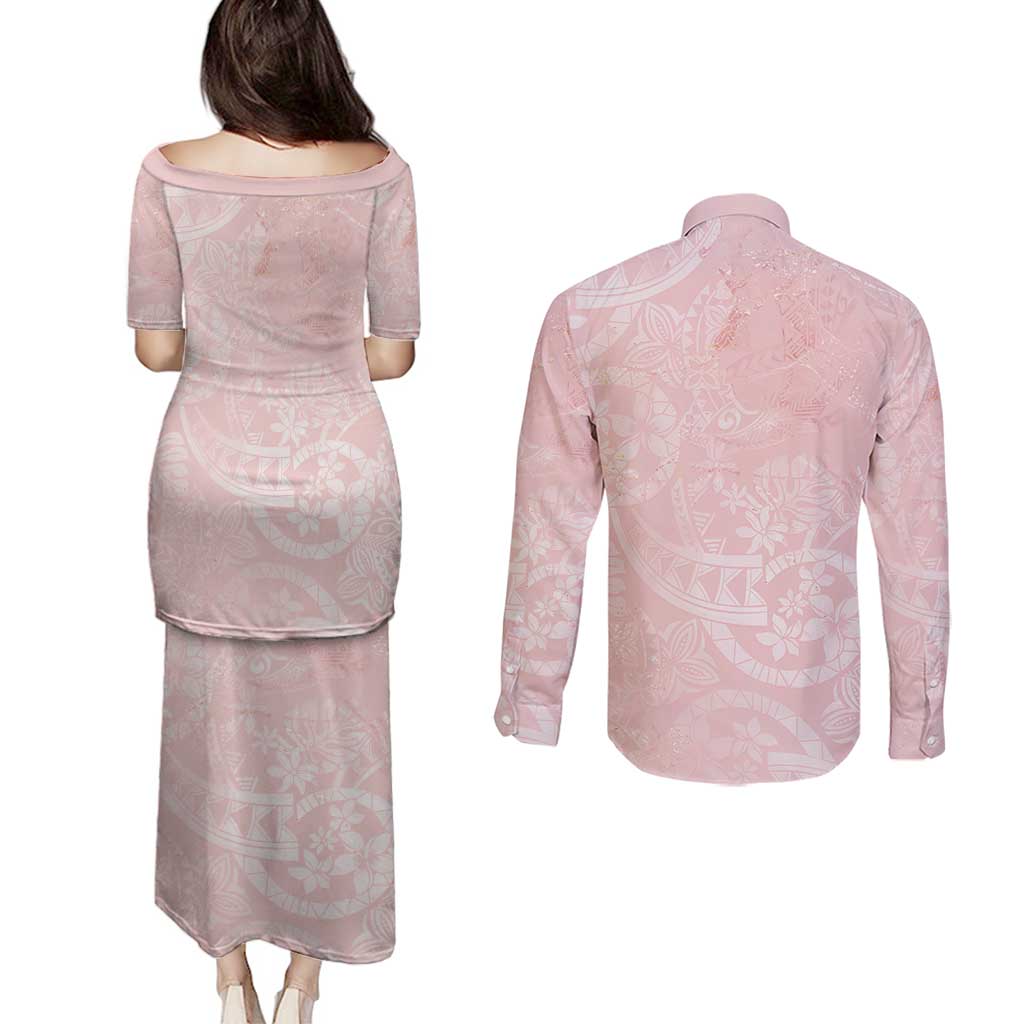 Polynesian Tiare Monstera Soft Pink Couples Matching Puletasi and Long Sleeve Button Shirt Liquid Style - Polynesian Pride