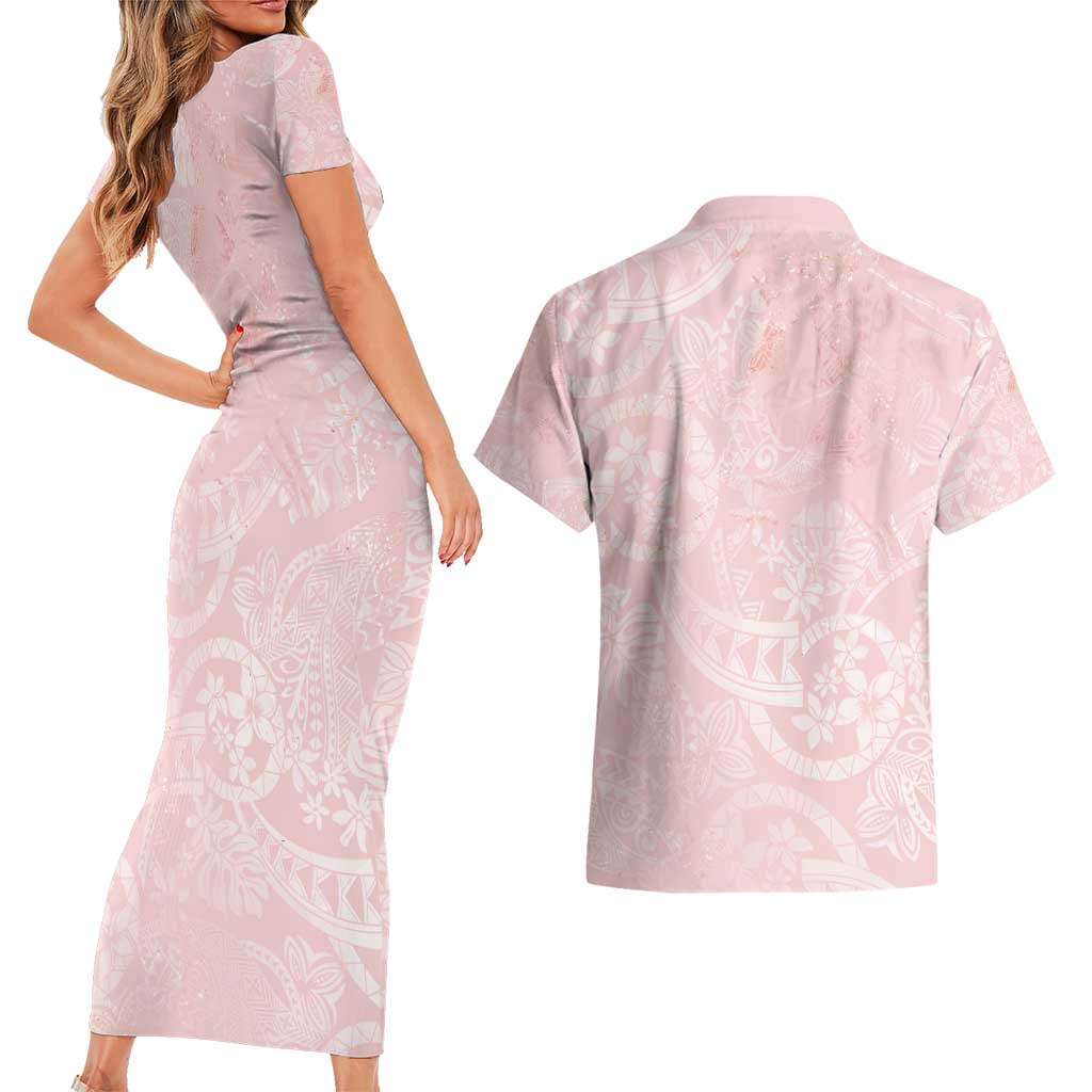 Polynesian Tiare Monstera Soft Pink Couples Matching Short Sleeve Bodycon Dress and Hawaiian Shirt Liquid Style - Polynesian Pride