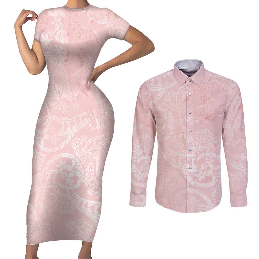 Polynesian Tiare Monstera Soft Pink Couples Matching Short Sleeve Bodycon Dress and Long Sleeve Button Shirt Liquid Style - Polynesian Pride