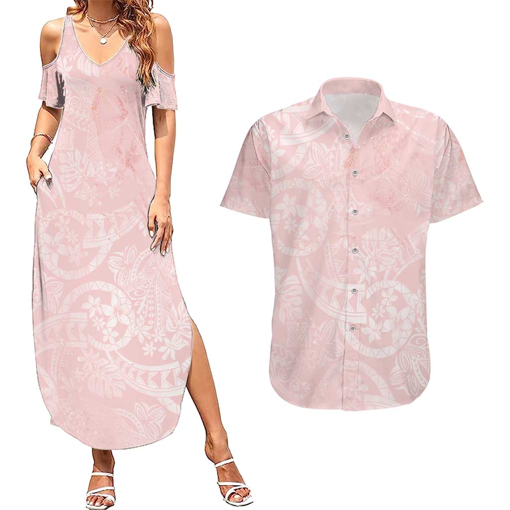 Polynesian Tiare Monstera Soft Pink Couples Matching Summer Maxi Dress and Hawaiian Shirt Liquid Style - Polynesian Pride