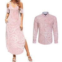 Polynesian Tiare Monstera Soft Pink Couples Matching Summer Maxi Dress and Long Sleeve Button Shirt Liquid Style - Polynesian Pride