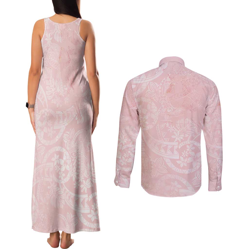 Polynesian Tiare Monstera Soft Pink Couples Matching Tank Maxi Dress and Long Sleeve Button Shirt Liquid Style - Polynesian Pride