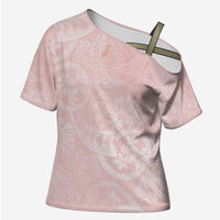 Polynesian Tiare Monstera Soft Pink Cross Shoulder Shirt Liquid Style - Polynesian Pride