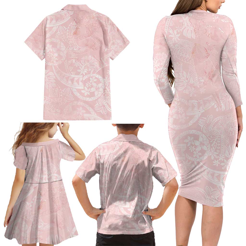 Polynesian Tiare Monstera Soft Pink Family Matching Long Sleeve Bodycon Dress and Hawaiian Shirt Liquid Style - Polynesian Pride