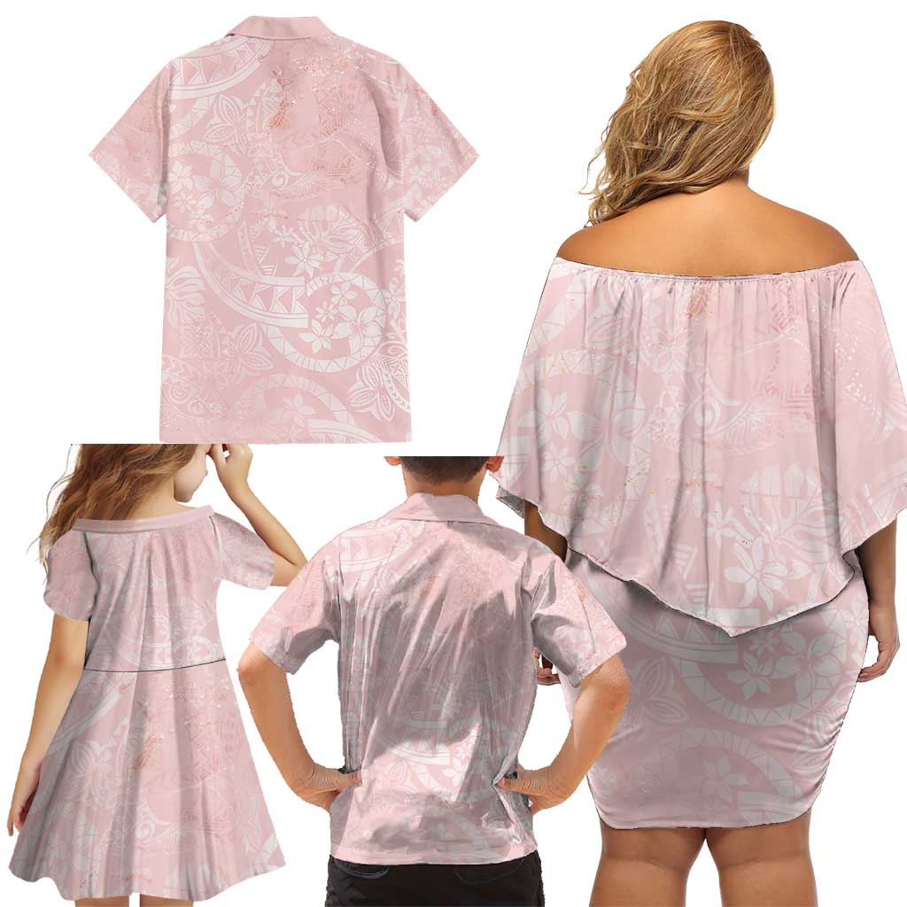 Polynesian Tiare Monstera Soft Pink Family Matching Off Shoulder Short Dress and Hawaiian Shirt Liquid Style - Polynesian Pride