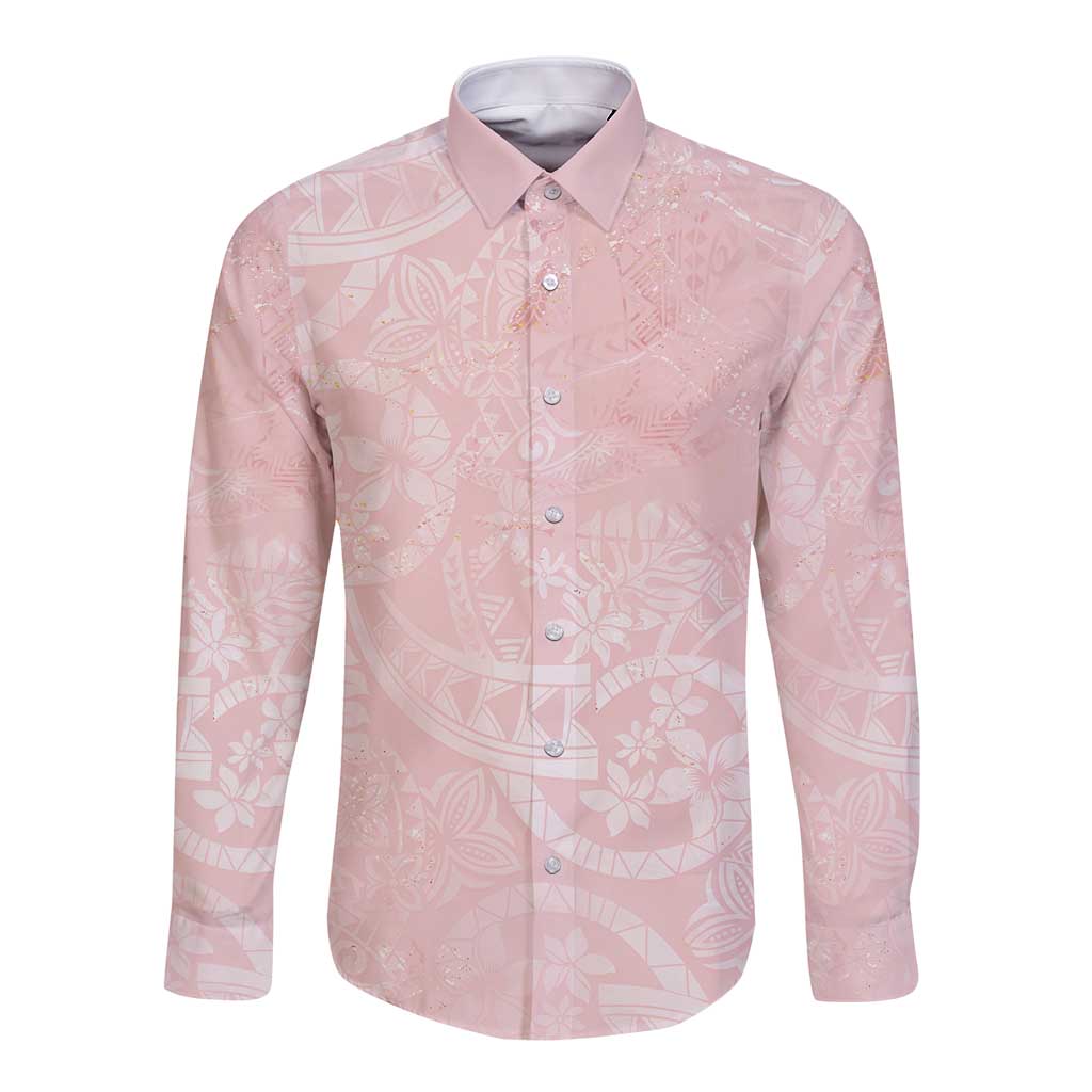 Polynesian Tiare Monstera Soft Pink Long Sleeve Button Shirt Liquid Style - Polynesian Pride