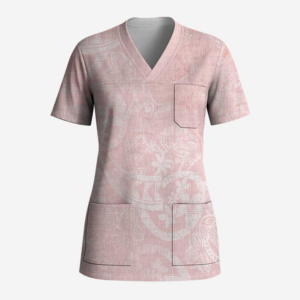 Polynesian Tiare Monstera Soft Pink Scrub Top Liquid Style - Polynesian Pride