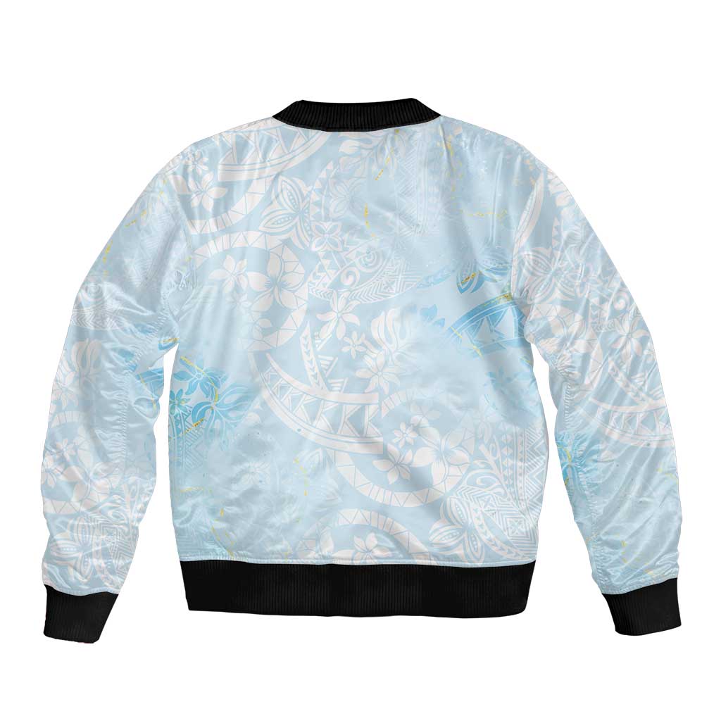 Polynesian Tiare Monstera Baby Blue Bomber Jacket Liquid Style - Polynesian Pride