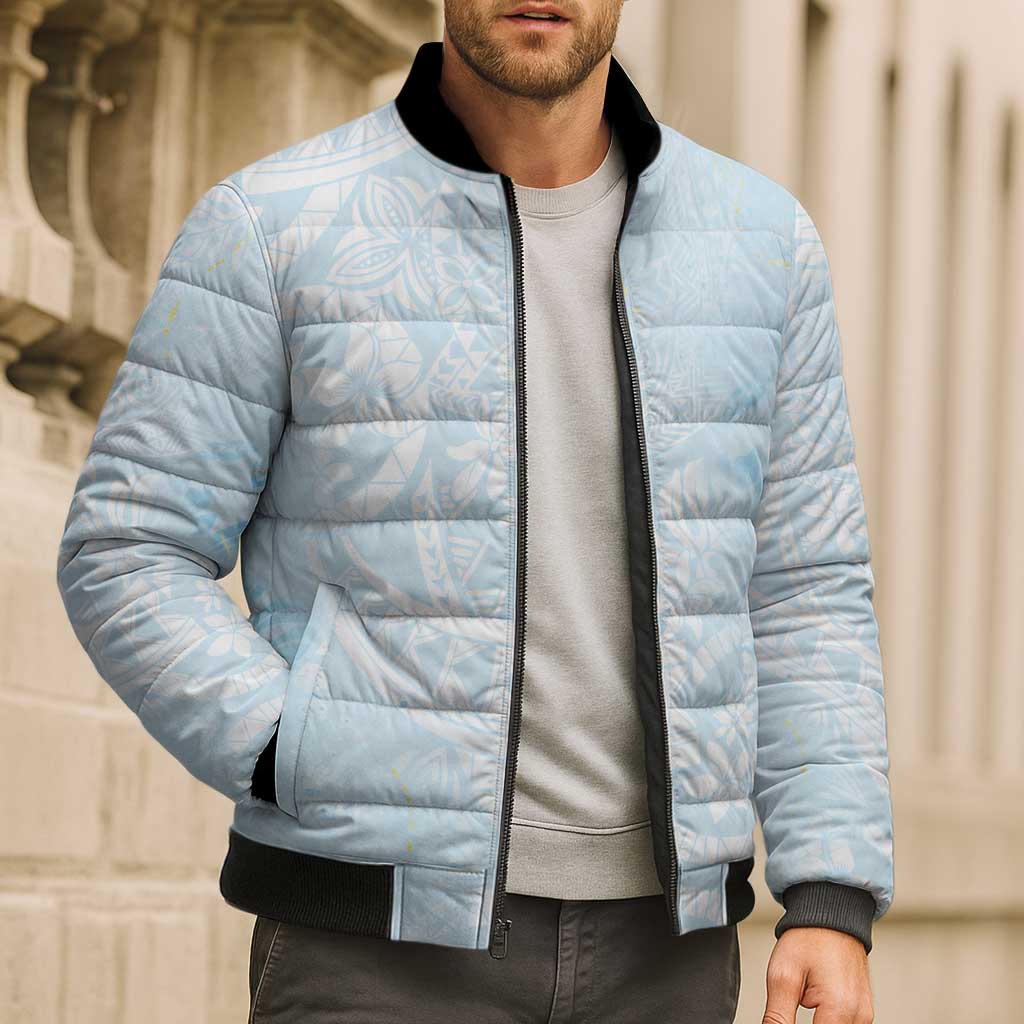 Polynesian Tiare Monstera Baby Blue Bomber Puffer Jacket Liquid Style - Polynesian Pride
