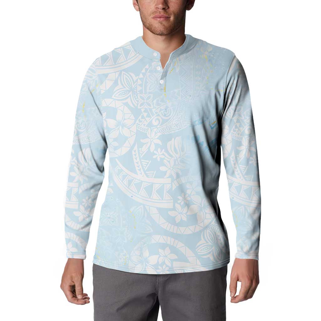 Polynesian Tiare Monstera Baby Blue Button Sweatshirt Liquid Style - Polynesian Pride