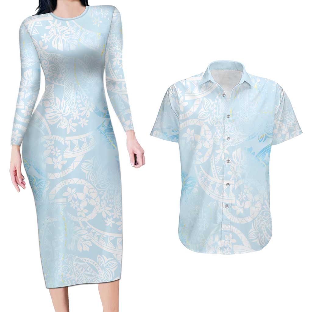 Polynesian Tiare Monstera Baby Blue Couples Matching Long Sleeve Bodycon Dress and Hawaiian Shirt Liquid Style - Polynesian Pride