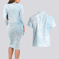 Polynesian Tiare Monstera Baby Blue Couples Matching Long Sleeve Bodycon Dress and Hawaiian Shirt Liquid Style - Polynesian Pride