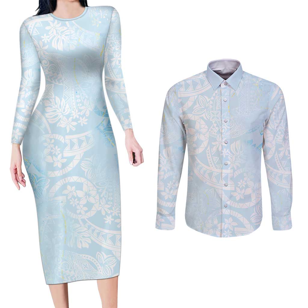 Polynesian Tiare Monstera Baby Blue Couples Matching Long Sleeve Bodycon Dress and Long Sleeve Button Shirt Liquid Style - Polynesian Pride