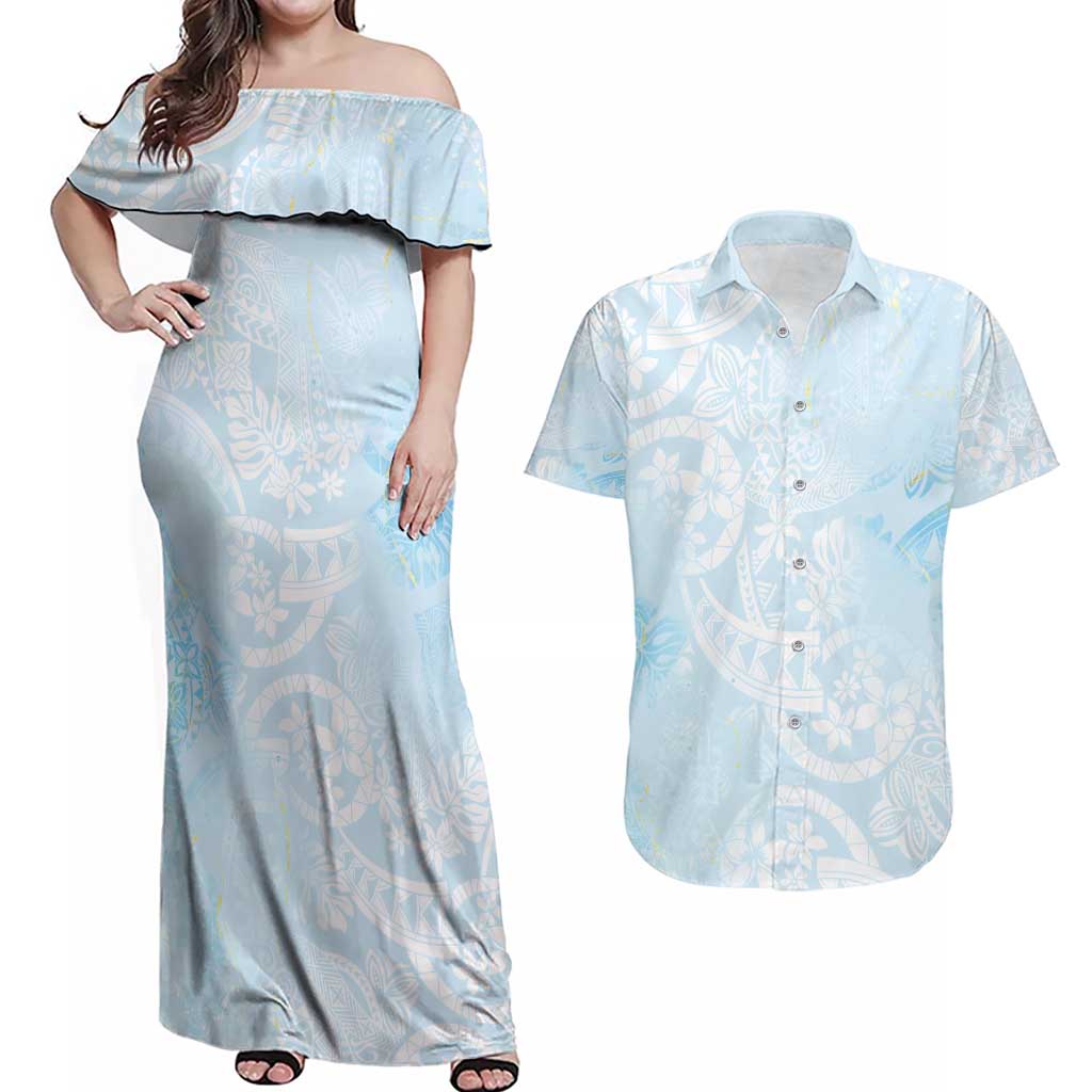 Polynesian Tiare Monstera Baby Blue Couples Matching Off Shoulder Maxi Dress and Hawaiian Shirt Liquid Style - Polynesian Pride