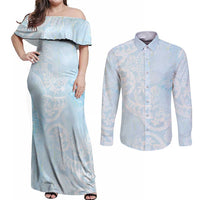 Polynesian Tiare Monstera Baby Blue Couples Matching Off Shoulder Maxi Dress and Long Sleeve Button Shirt Liquid Style - Polynesian Pride