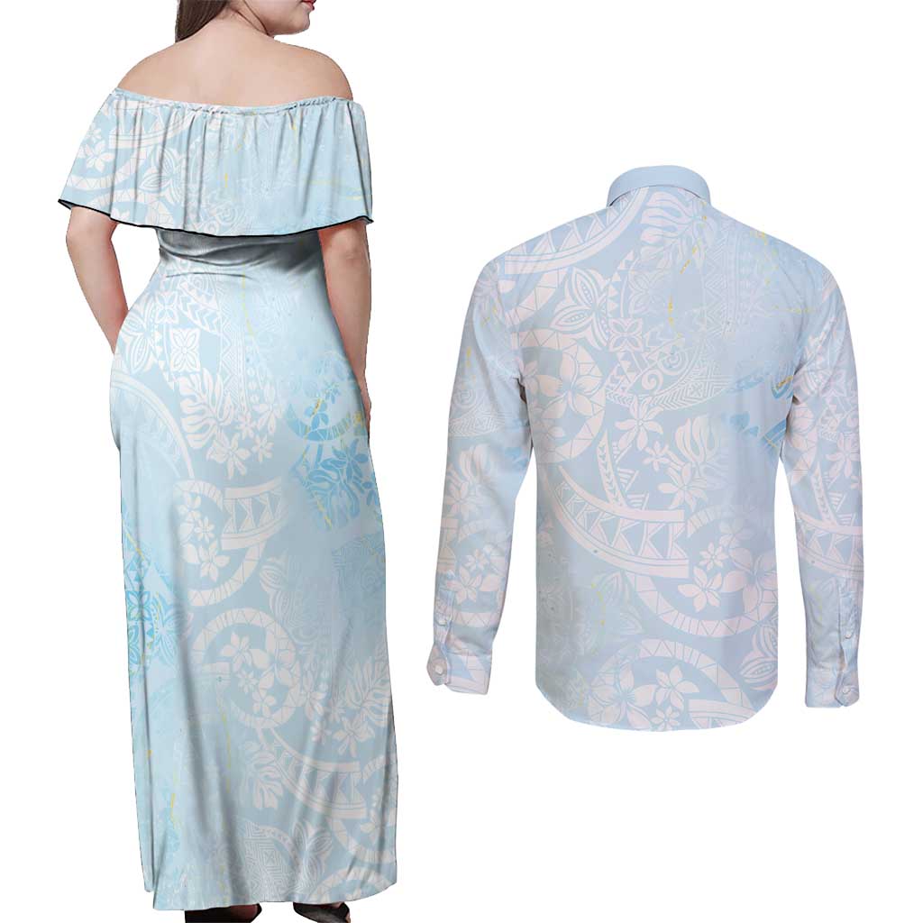 Polynesian Tiare Monstera Baby Blue Couples Matching Off Shoulder Maxi Dress and Long Sleeve Button Shirt Liquid Style - Polynesian Pride