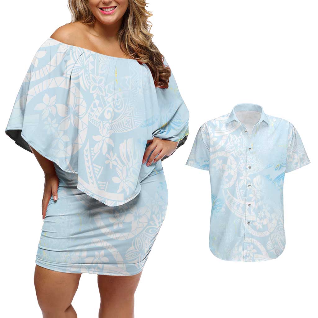 Polynesian Tiare Monstera Baby Blue Couples Matching Off Shoulder Short Dress and Hawaiian Shirt Liquid Style - Polynesian Pride