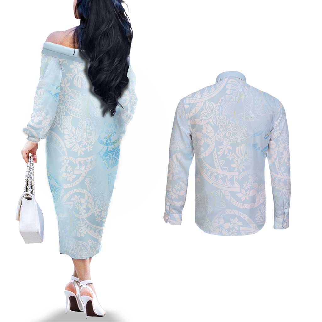 Polynesian Tiare Monstera Baby Blue Couples Matching Off The Shoulder Long Sleeve Dress and Long Sleeve Button Shirt Liquid Style - Polynesian Pride