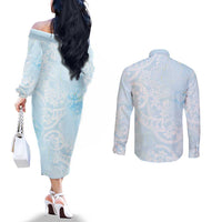Polynesian Tiare Monstera Baby Blue Couples Matching Off The Shoulder Long Sleeve Dress and Long Sleeve Button Shirt Liquid Style - Polynesian Pride