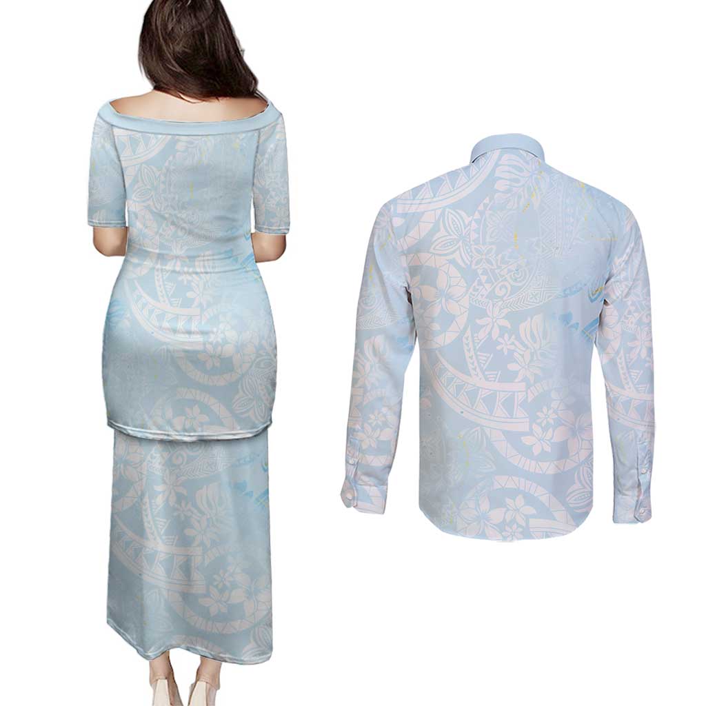 Polynesian Tiare Monstera Baby Blue Couples Matching Puletasi and Long Sleeve Button Shirt Liquid Style - Polynesian Pride