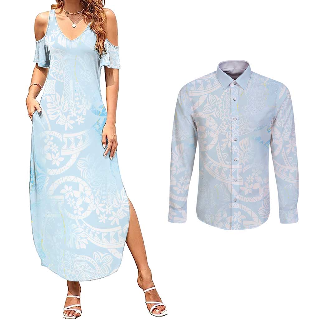 Polynesian Tiare Monstera Baby Blue Couples Matching Summer Maxi Dress and Long Sleeve Button Shirt Liquid Style - Polynesian Pride