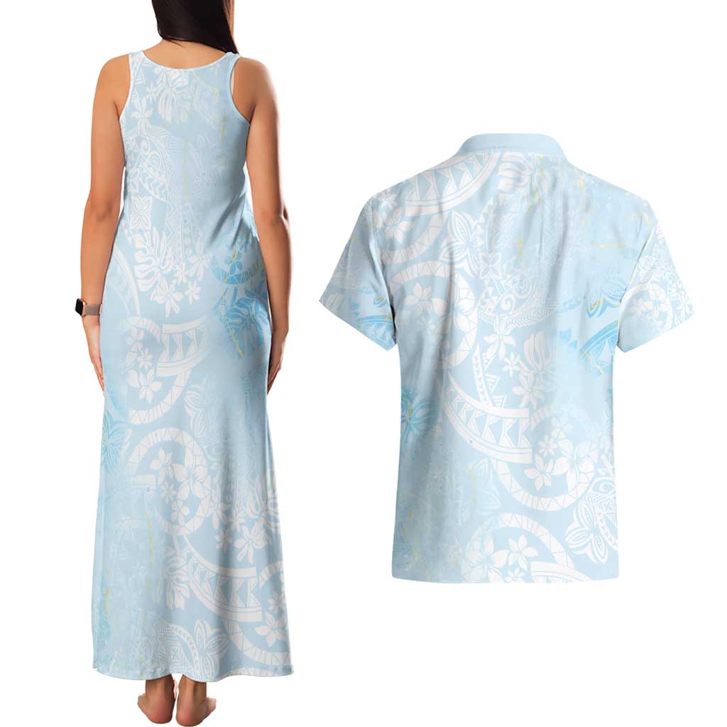 Polynesian Tiare Monstera Baby Blue Couples Matching Tank Maxi Dress and Hawaiian Shirt Liquid Style - Polynesian Pride