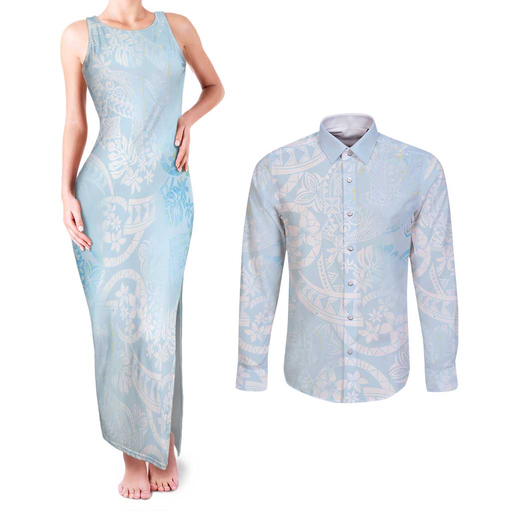 Polynesian Tiare Monstera Baby Blue Couples Matching Tank Maxi Dress and Long Sleeve Button Shirt Liquid Style - Polynesian Pride